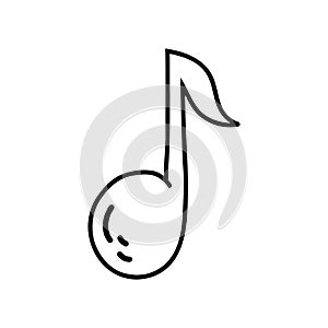 Doodle music note. Vector illustration of black silhouette of hand drawn note. Outline musical sound for print, coloring