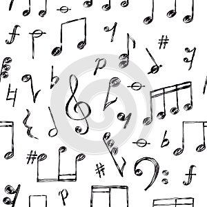 Doodle music notes, signs and clefs, melody seamless pattern. Hand drawn sketch song sound symbols wallpaper. Musical