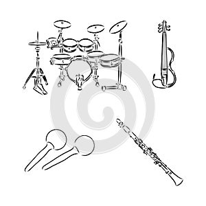Doodle musical instruments set, vector, set of musical instruments, vector sketch illustration