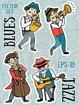 Doodle musicians in 1920's style, jazz or blues music band