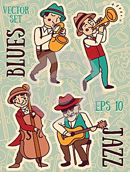 Doodle musicians in 1920's style, jazz or blues music band