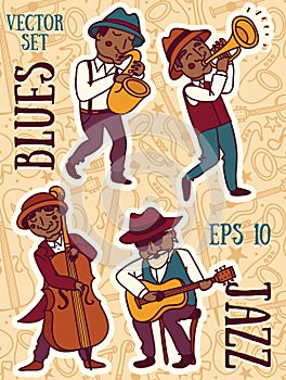 Doodle musicians in 1920's style, jazz or blues music band