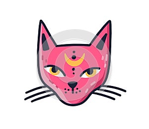 Doodle muzzle of magic pink cat with moon on forehead vector flat illustration. Avatar of mystic feline character with