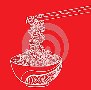 Doodle Noodle at bowl and stick. vector illustration hand drawing