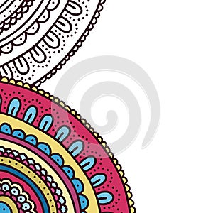 Doodle ornament coloring book cover. Page of adult coloring book. Colorful flower card.