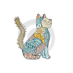 Doodle ornamental cat. Oriental feline character. Cute zentangle cat isolated element