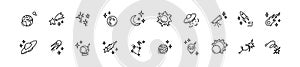 Doodle outer space cosmic icons set. Planets, constellation, spacecraft, rocket hand drawn linear illustration. Falling stars and