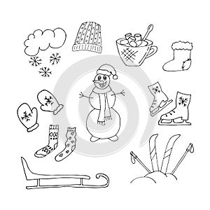 Doodle painted set for the theme of the winter season-snowflakes, knitted socks, a cup of hot drink, winter sports. Vector drawing