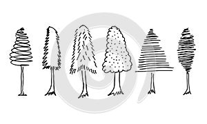 Doodle park forest conifer abstract silhouettes outlined trees in black color collection set