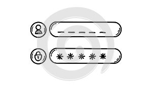 Doodle password register form. User name verification and authorisation. Hand drawn sketch login, logout, sign in illustration. photo