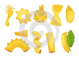 Doodle pasta symbols. Cute Italian wheat food. Pasta noodles character design. Menu decorative elements. Vector meal set