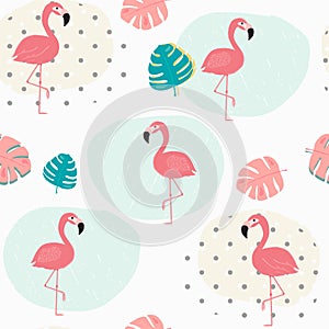 Doodle pastel tropical summer leafs and pink flamingo pattern seamless background