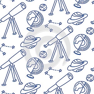 The doodle pattern is the science of astronomy. Texture for school. Back to school, astronomy lesson. Subjects for the