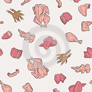 Doodle pattern uncooked chicken meat, seamless pattern vector