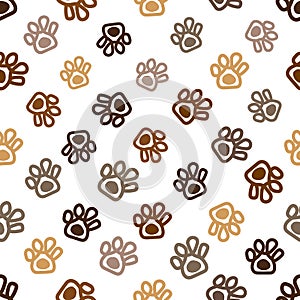 Doodle paw prints with funny pumpkin. Happy Halloween card. Fabric design seamless pattern