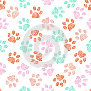 Doodle paw prints pink, orange and green colors seamless vector pattern for fabric design