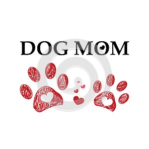 Doodle paw prints with red heart and dog mom text