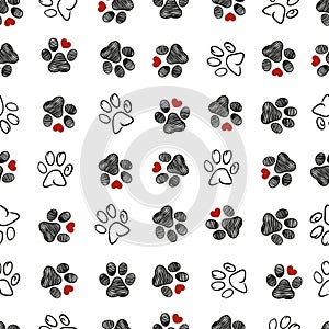 Doodle paw prints with red hearts. Cute fabric design pattern