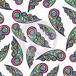 Doodle peacock feathers seamless pattern. Vector background for textile, fabric, package design