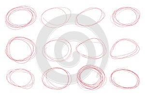 Doodle pencil drawn oval circles. Red grunge ovals and circles for highlighting
