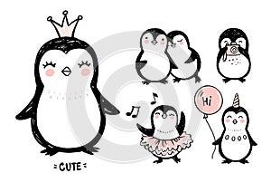 Doodle penguins, hand drawn set of funny animals. Vector Penguin character in sketch style.