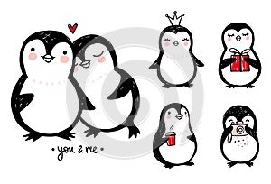 Doodle penguins, hand drawn set of funny animals. Vector Penguin character in sketch style.