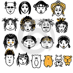 Doodle people faces. Hand drawn man and woman avatars, cute animals. Artisitic design elements photo