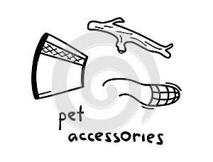 Doodle pet accessories. Stick, muzzle and protective collar. Hand drawn elements for dog, pet, puppy. Vector icons