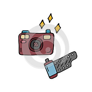 Doodle photo camera and film roll isolated. 90s nostalgia. Vector colored doodle illustration of retro camera from 1990s and 80s.