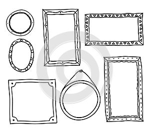 Doodle photo frames. Hand drawn square oval circle picture frames, scrapbook scribble journaling borders retro set