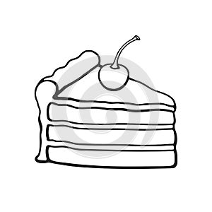 Doodle of a piece of cake with cream and cherry