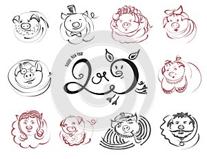Doodle pigs and boars character icons for Chinese New Year 2019.
