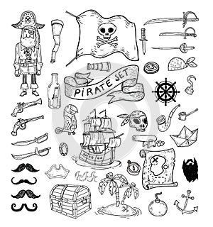 Doodle pirate elememts, vector illustration.