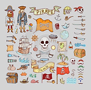 Doodle pirate elememts, vector illustration