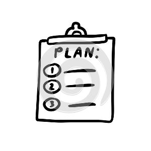 Doodle Plan icon. hand drawn infographic notepaper piece. To Do list, project planning. 1 2 3 steps.