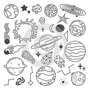 Doodle planets, space sketch planet and stars. Astronomy icons, abstract sun, moon and earth. Solar system, celestial