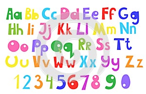 Doodle playful abc cartoon funny style colorful numbers, small and capital letters of English alphabet