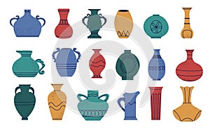 Doodle pottery. Cartoon abstract shapes of ancient amphora. Retro vase and antique wine jar mockup. Hand drawn ceramic jug. Urn or
