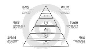 Doodle pyramid infographic with 6 options. Hand drawn icons. Thin line illustration