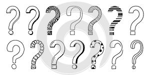 Doodle question mark hand drawn sketch vector illustration set isolated on white background.