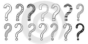 Doodle question mark hand drawn sketch vector illustration set isolated on white background.