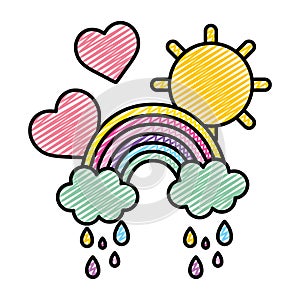 Doodle rainbow clouds raining with hearts and sun