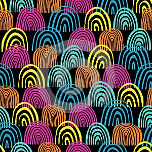 Doodle rainbow seamless vector pattern. Teal, blue, pink and orange half circles on black background. Textured backdrop. Hand