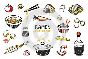 Doodle Ramen. Chinese hand drawn noodle soup with food sticks bowls and ingredients. Vector Asian food sketch set