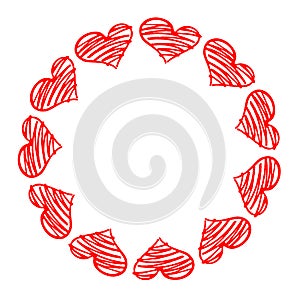 Doodle red hearts. Black and white wreath. Valentine`s Day and wedding backgrounds collection. Vector illustration