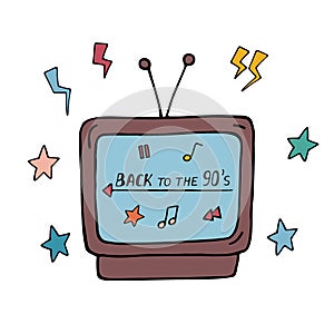 Doodle retro TV from 1990s isolated. Vintage television with text Back to the 90s. Vector colored doodle illustration on white