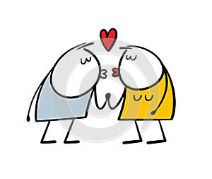 Doodle romantic date between sweet man and woman. Vector illustration of a pair pulling lips for a kiss of love. A red