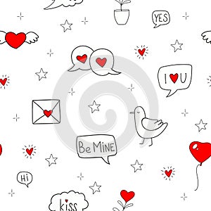 doodle romantic seamless pattern. Seamless pattern with love symbols hearts, teddy bear. banner, romantic chat