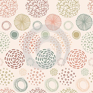 Doodle round abstract seamless pattern. Vector horizontal organic background with scribble lines, dots.