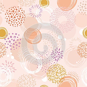 Doodle round abstract seamless pattern. Vector organic background with scribble lines, dots and bubbles.